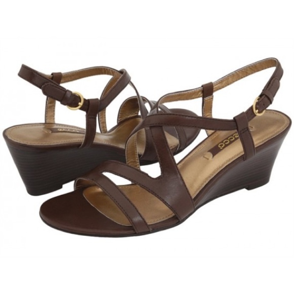 Ecco brown leather strappy wedge sandal size 10